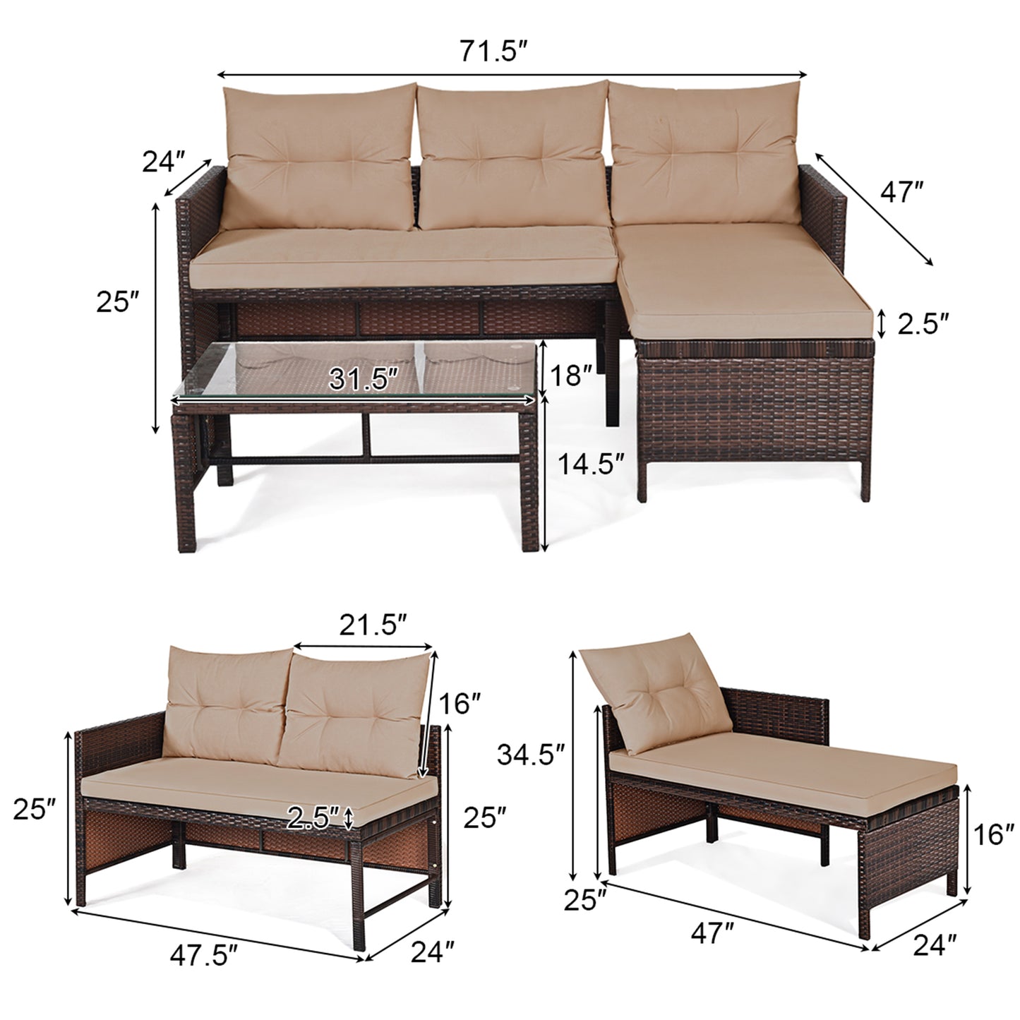 Patiojoy 3 Pieces Outdoor Furniture Set Rattan Wicker Sofa Table Garden Patio