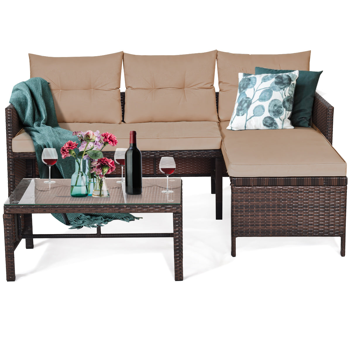 Patiojoy 3 Pieces Outdoor Furniture Set Rattan Wicker Sofa Table Garden Patio