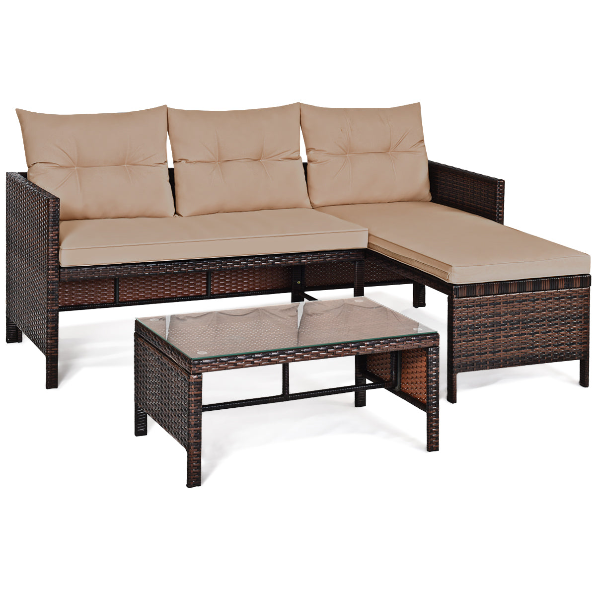 Patiojoy 3 Pieces Outdoor Furniture Set Rattan Wicker Sofa Table Garden Patio