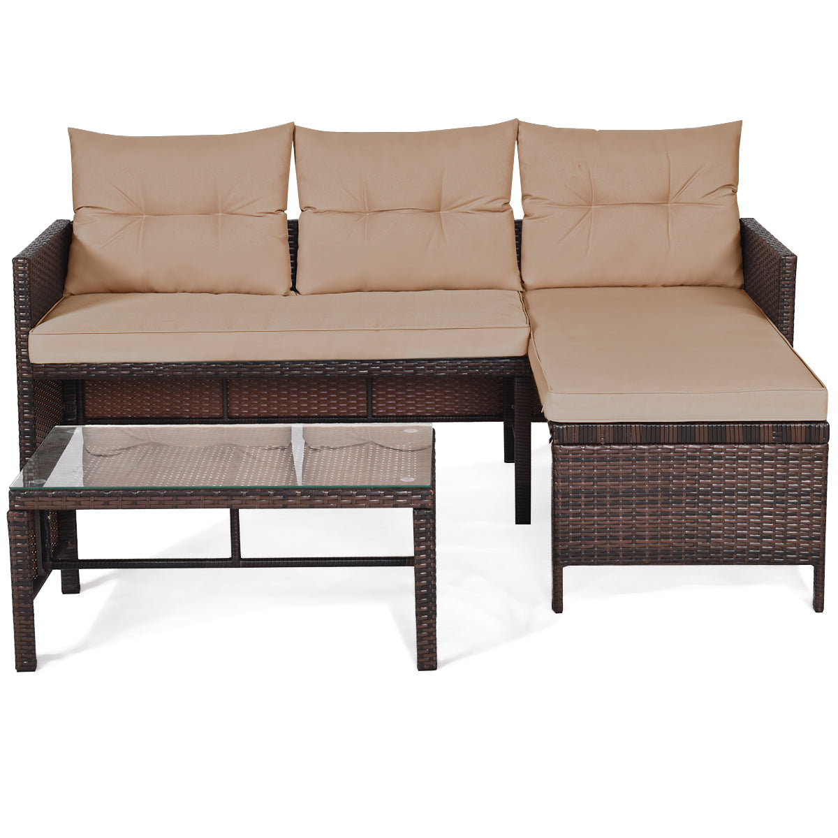 Patiojoy 3 Pieces Outdoor Furniture Set Rattan Wicker Sofa Table Garden Patio