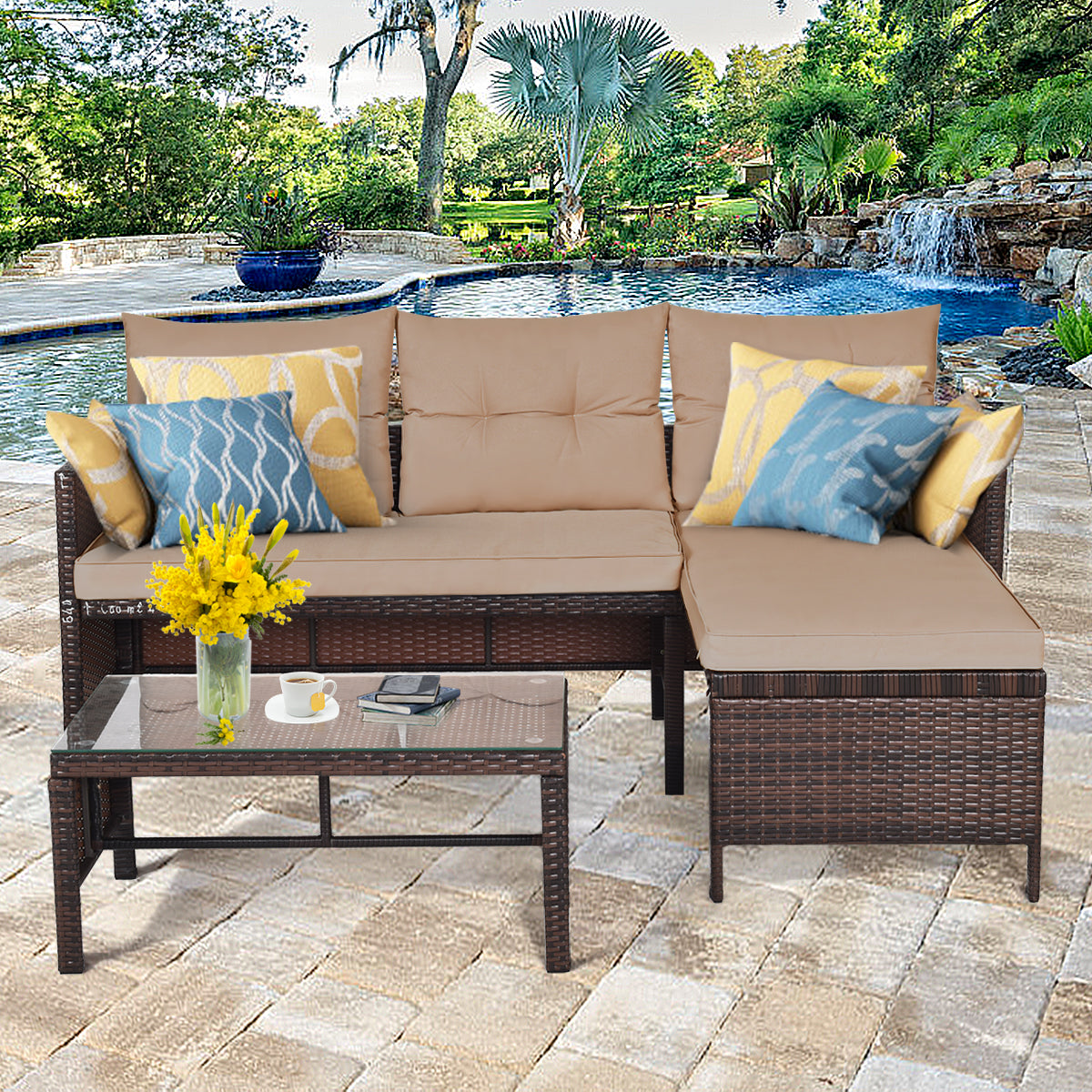 Patiojoy 3 Pieces Outdoor Furniture Set Rattan Wicker Sofa Table Garden Patio