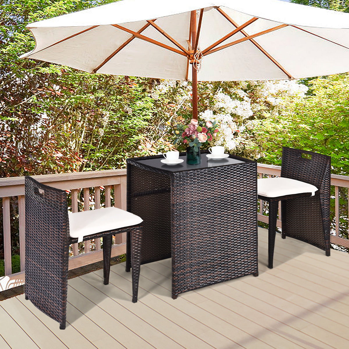 Topbuy 3 Pieces Wicker Outdoor Conversation Set Bistro Table and Chair