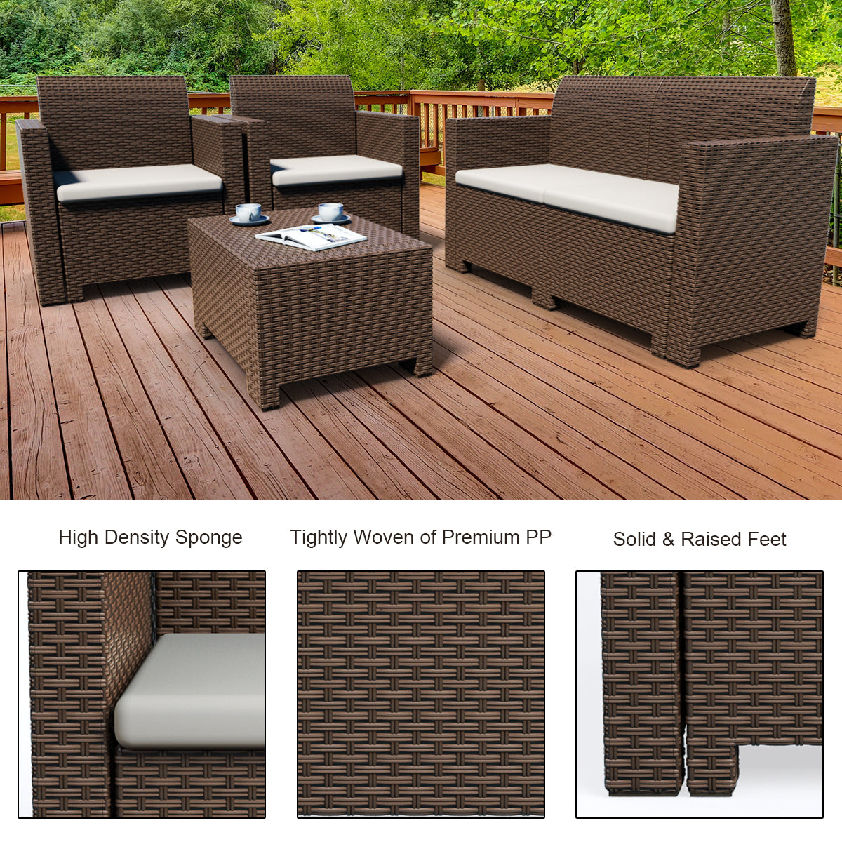 Patiojoy 4 PCS Outdoor Patio Rattan Cushioned Sectional Set Made in Italy Brown