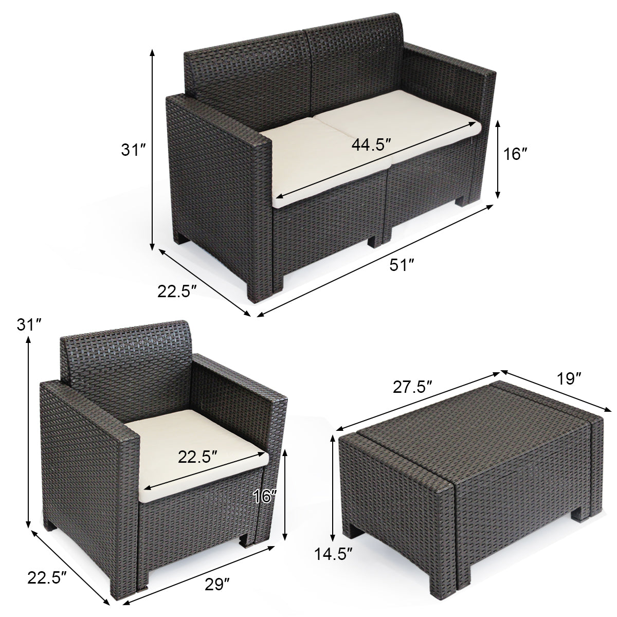 Patiojoy 4 PCS Outdoor Patio Rattan Cushioned Sectional Set Made in Italy Brown