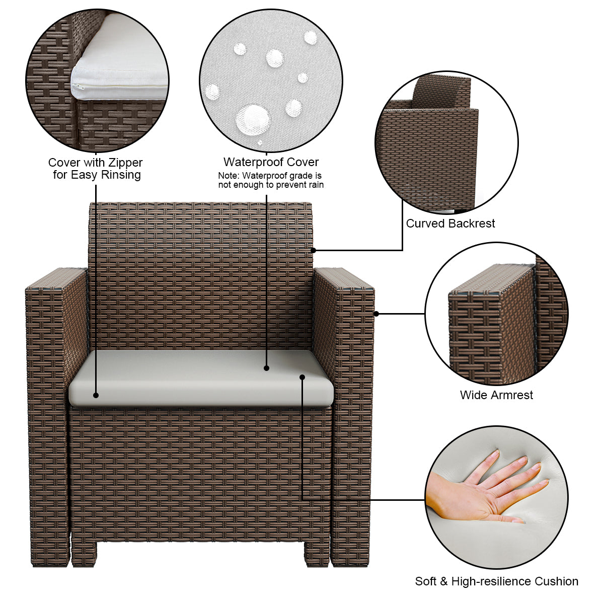 Patiojoy 4 PCS Outdoor Patio Rattan Cushioned Sectional Set Made in Italy Brown