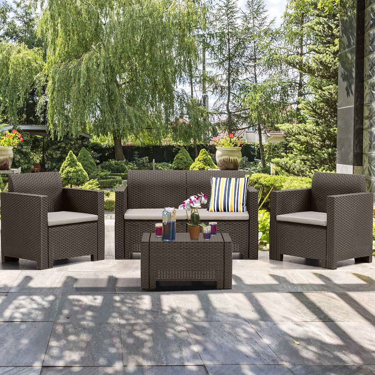 Patiojoy 4 PCS Outdoor Patio Rattan Cushioned Sectional Set Made in Italy Brown