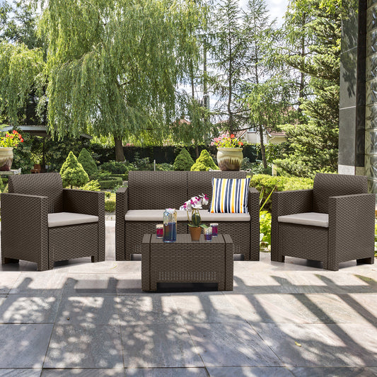Patiojoy 4 PCS Outdoor Patio Rattan Cushioned Sectional Set Made in Italy Brown