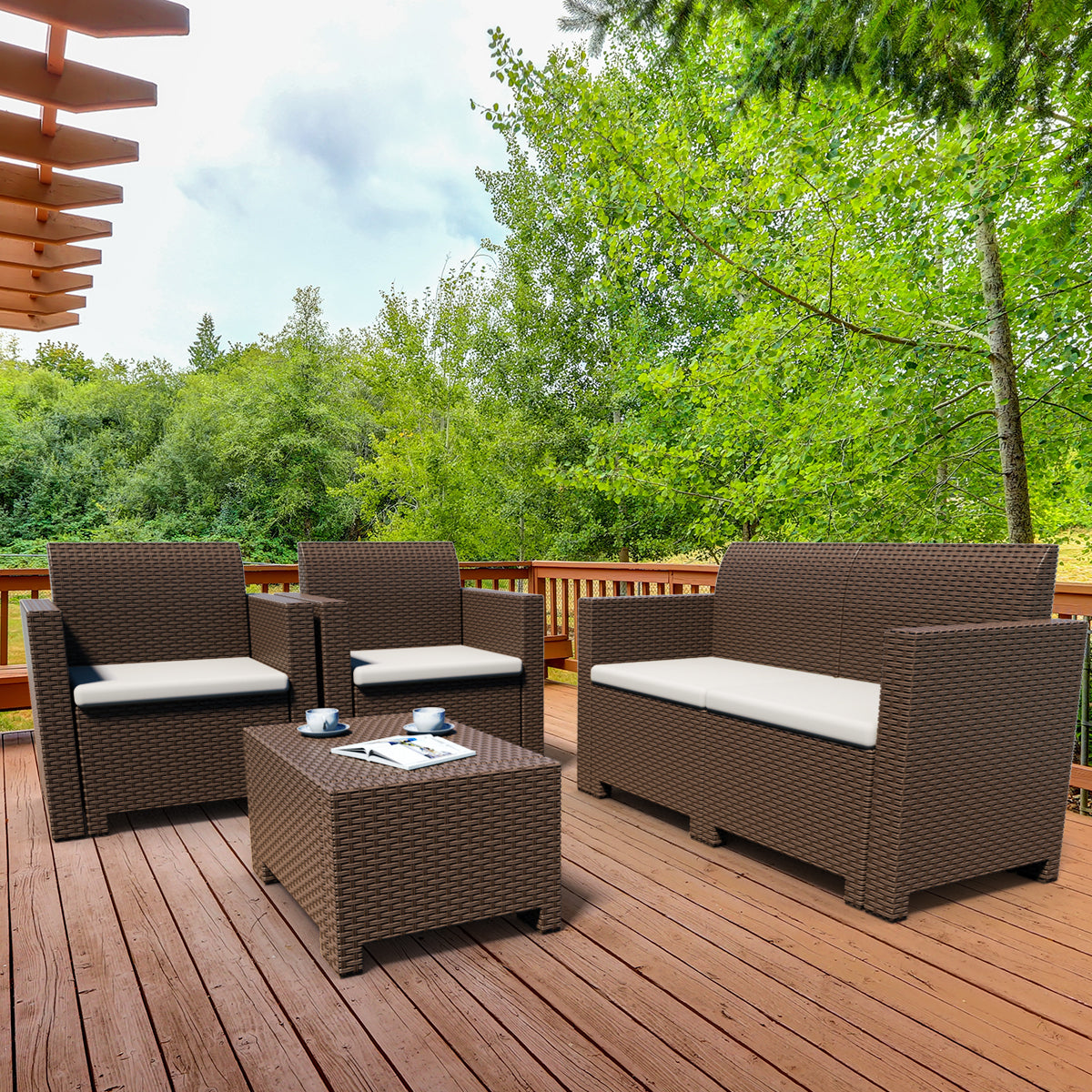 Patiojoy 4 PCS Outdoor Patio Rattan Cushioned Sectional Set Made in Italy Brown