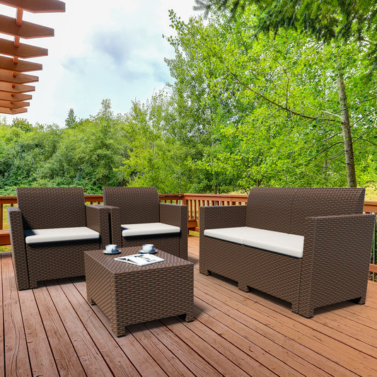 Patiojoy 4 PCS Outdoor Patio Rattan Cushioned Sectional Set Made in Italy Brown