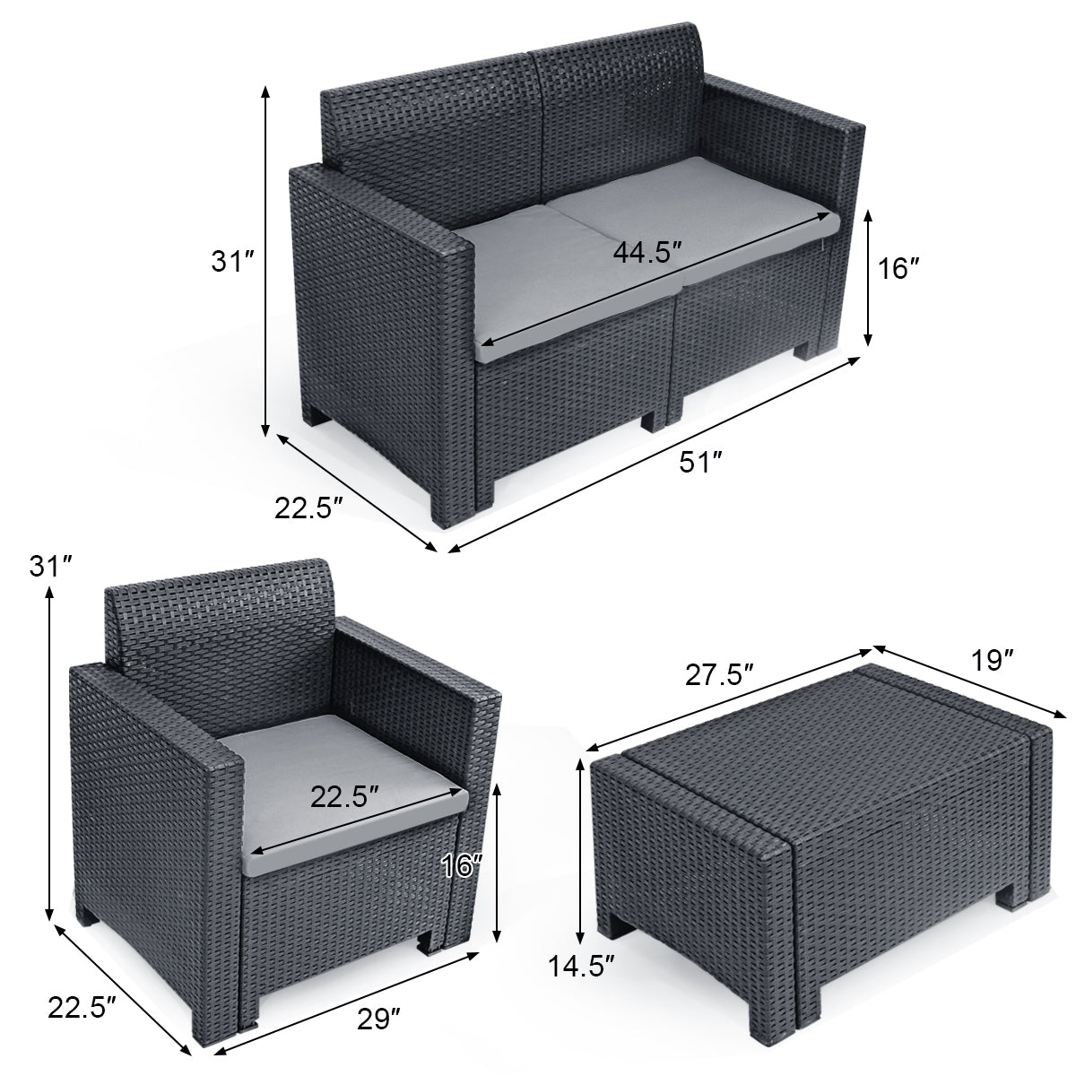 Patiojoy 4 PCS Outdoor Patio Rattan Cushioned Sectional Set Made in Italy Grey