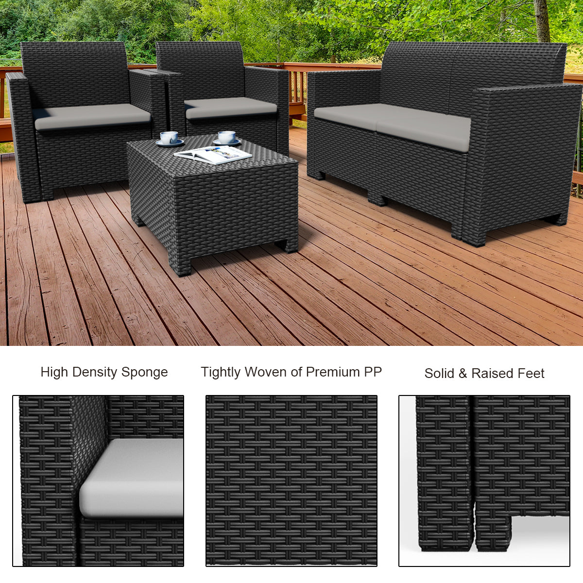 Patiojoy 4 PCS Outdoor Patio Rattan Cushioned Sectional Set Made in Italy Grey