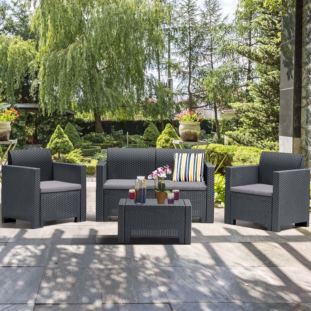Patiojoy 4 PCS Outdoor Patio Rattan Cushioned Sectional Set Made in Italy Grey