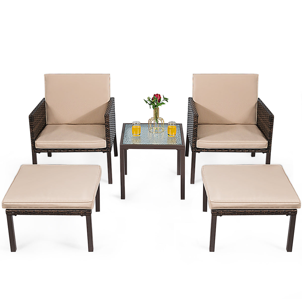 Patiojoy 5 Pieces Outdoor Patio Furniture Set Rattan Chairs and Table