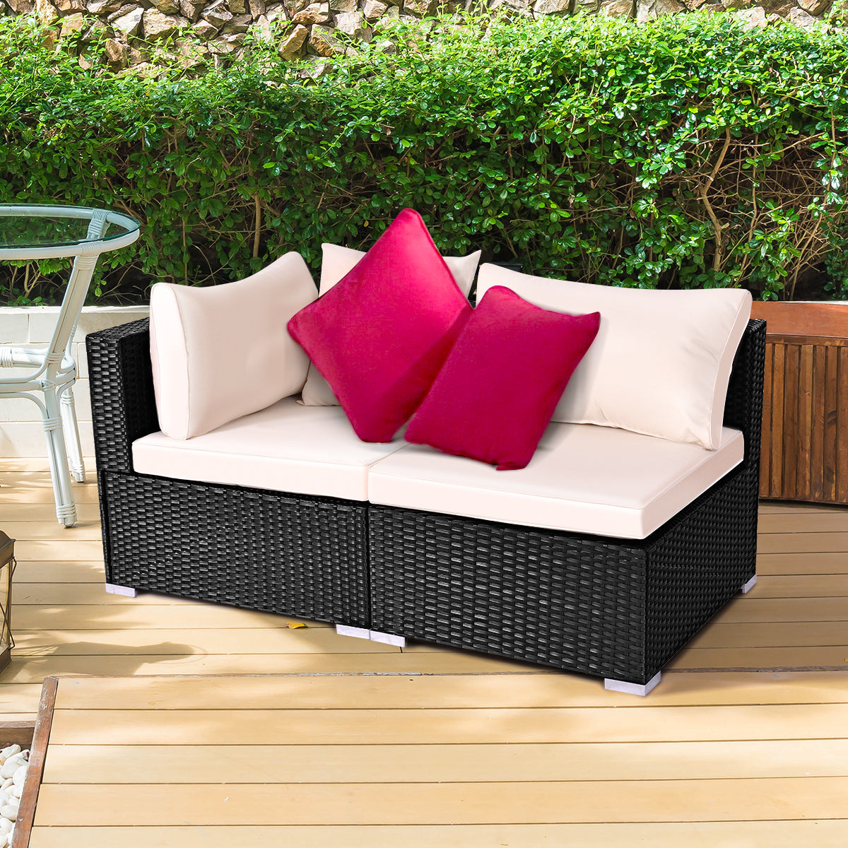 Patiojoy Outdoor Patio Cushioned Sofa Rattan Wicker Corner Sofa Lounge