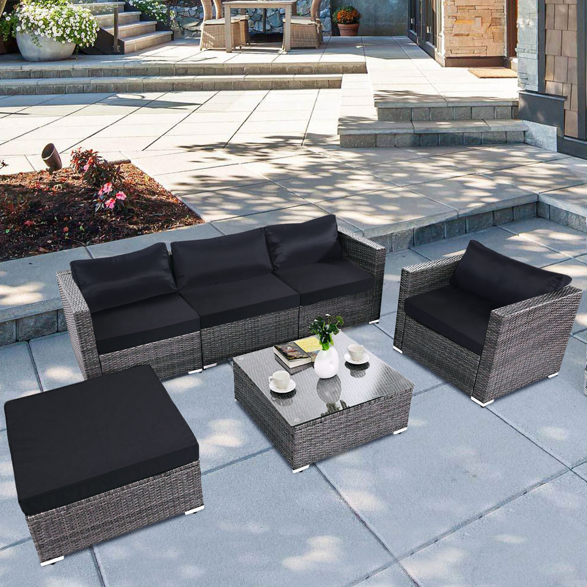 Patiojoy 6 PCS Patio Rattan Wicker Sectional Padded Sofa Chair Set w/Cushions