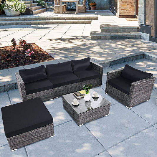 Patiojoy 6 PCS Patio Rattan Wicker Sectional Padded Sofa Chair Set w/Cushions