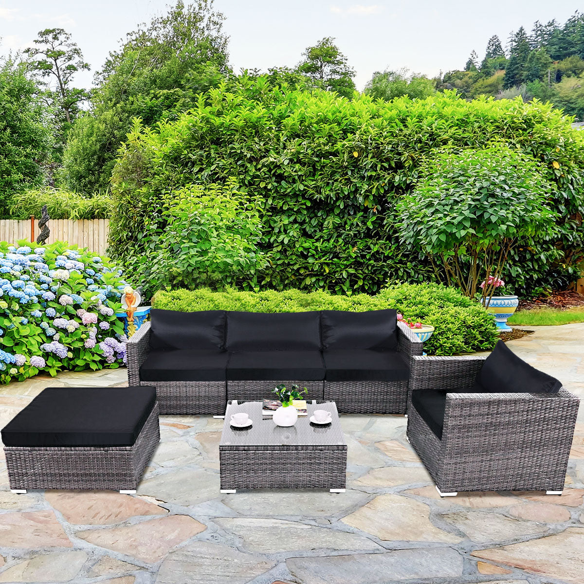 Patiojoy 6 PCS Patio Rattan Wicker Sectional Padded Sofa Chair Set w/Cushions
