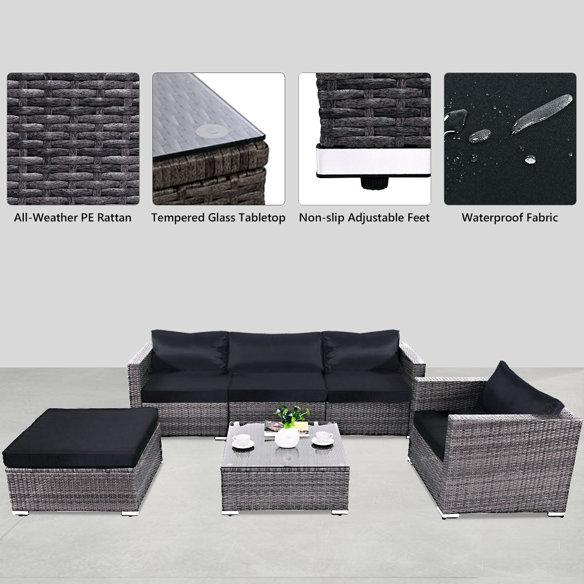 Patiojoy 6 PCS Patio Rattan Wicker Sectional Padded Sofa Chair Set w/Cushions