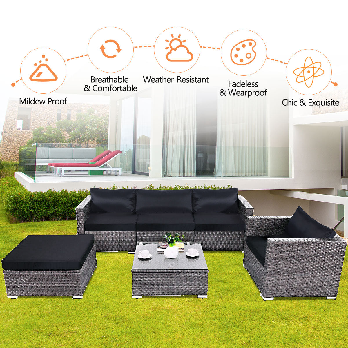 Patiojoy 6 PCS Patio Rattan Wicker Sectional Padded Sofa Chair Set w/Cushions