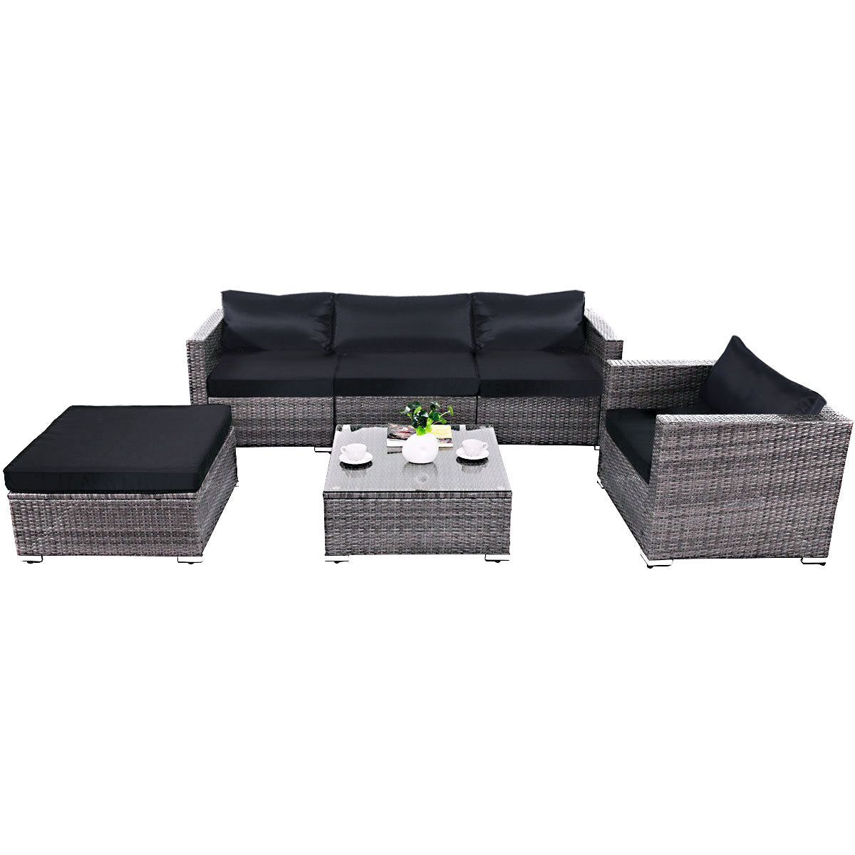Patiojoy 6 PCS Patio Rattan Wicker Sectional Padded Sofa Chair Set w/Cushions