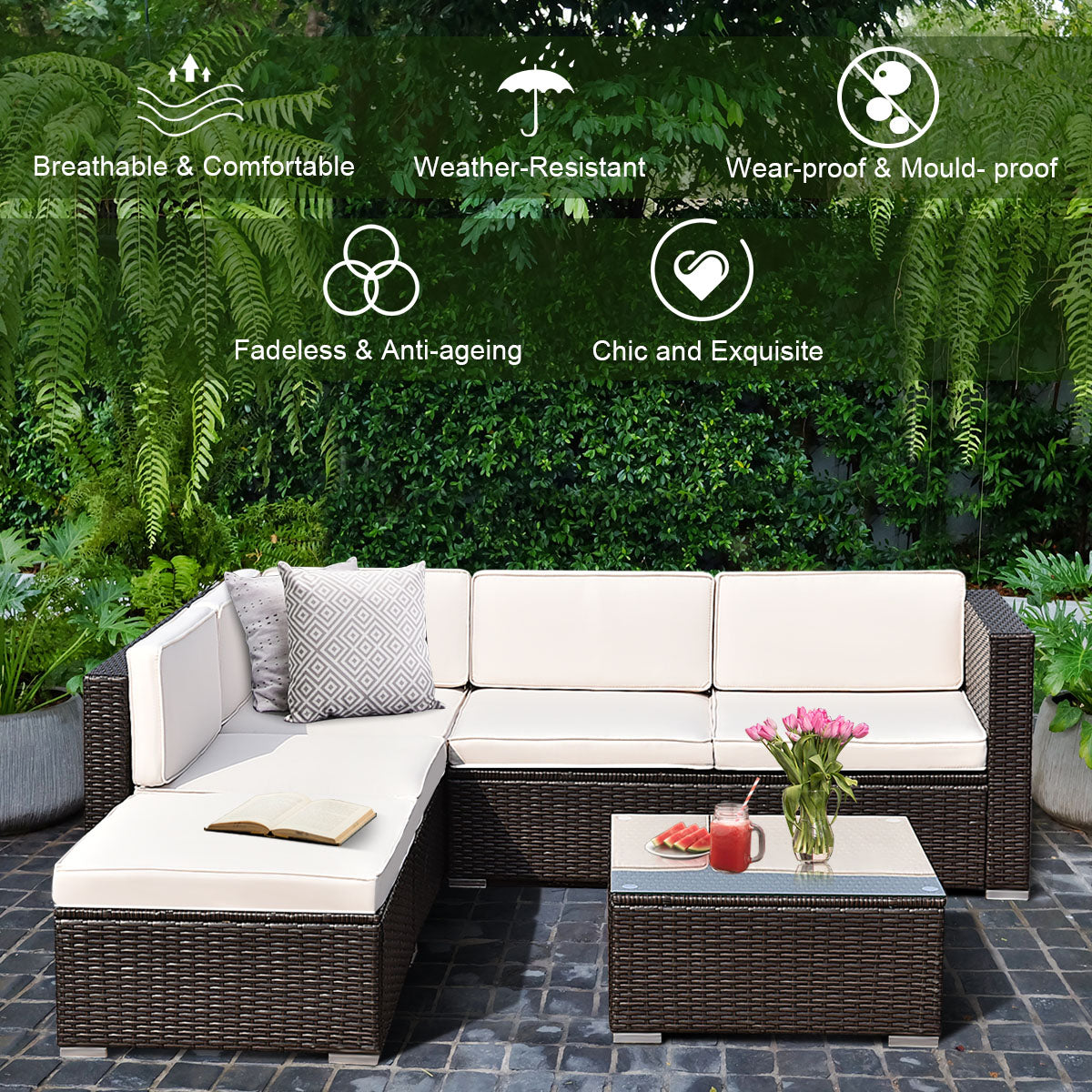 Patiojoy 4 PCS Patio Rattan Wicker Sectional Padded Sofa Chair Set w/Cushions