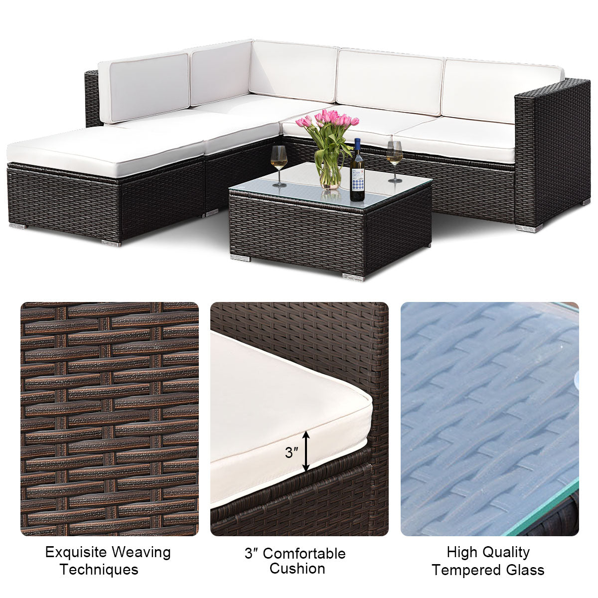 Patiojoy 4 PCS Patio Rattan Wicker Sectional Padded Sofa Chair Set w/Cushions