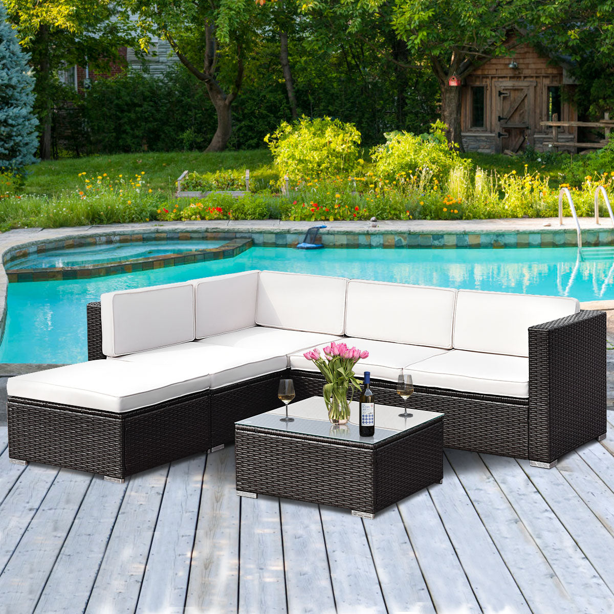 Patiojoy 4 PCS Patio Rattan Wicker Sectional Padded Sofa Chair Set w/Cushions