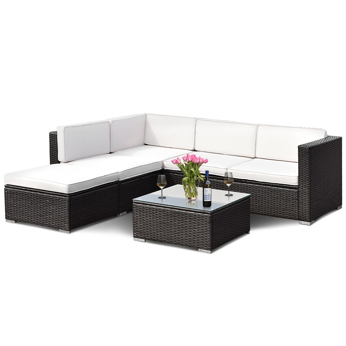 Patiojoy 4 PCS Patio Rattan Wicker Sectional Padded Sofa Chair Set w/Cushions