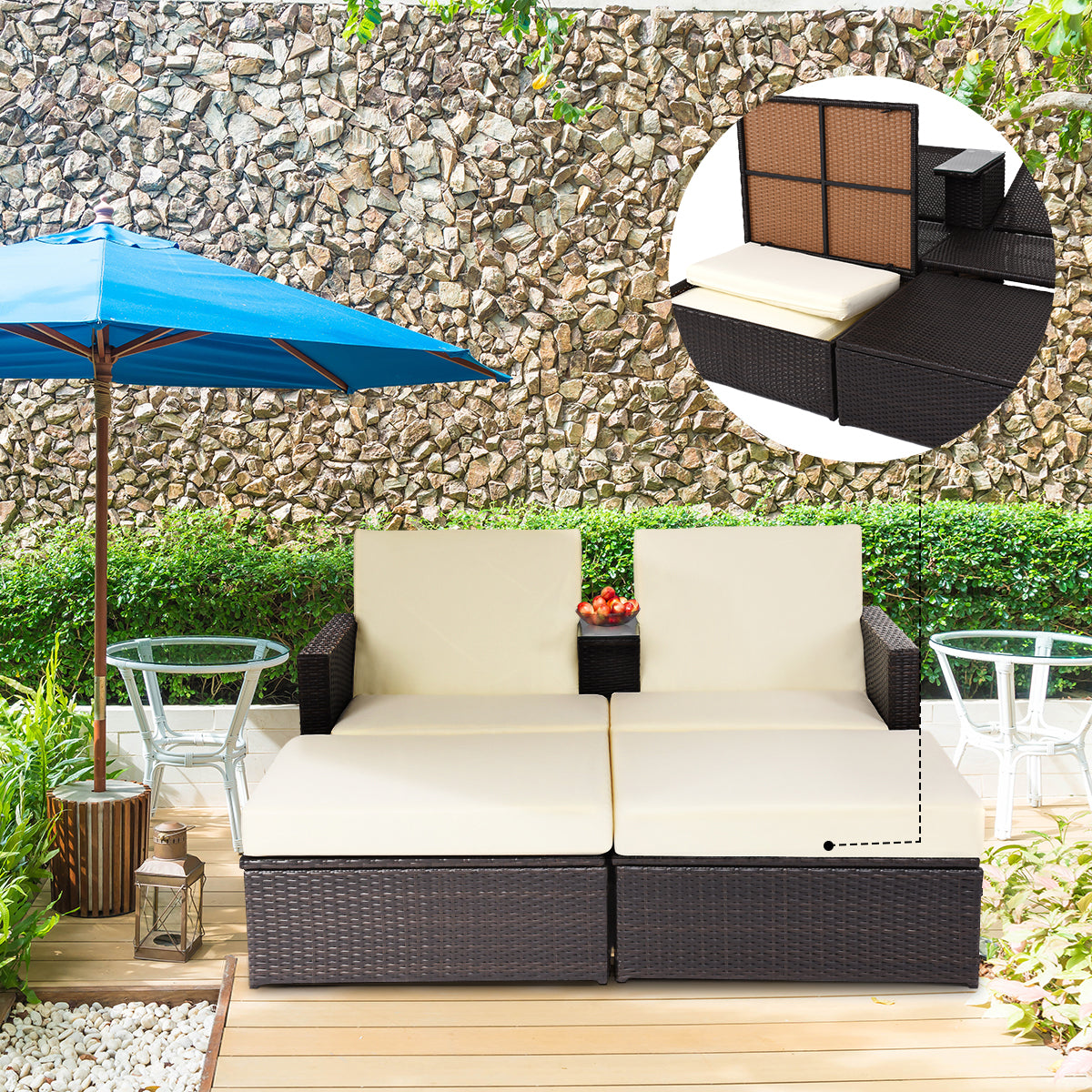 Patiojoy Outdoor All-Weather Chaise Lounge Recliner Rattan WickerPatio Loveseat