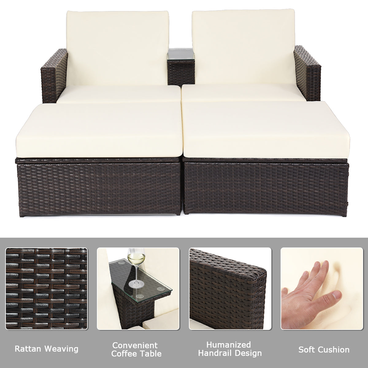 Patiojoy Outdoor All-Weather Chaise Lounge Recliner Rattan WickerPatio Loveseat