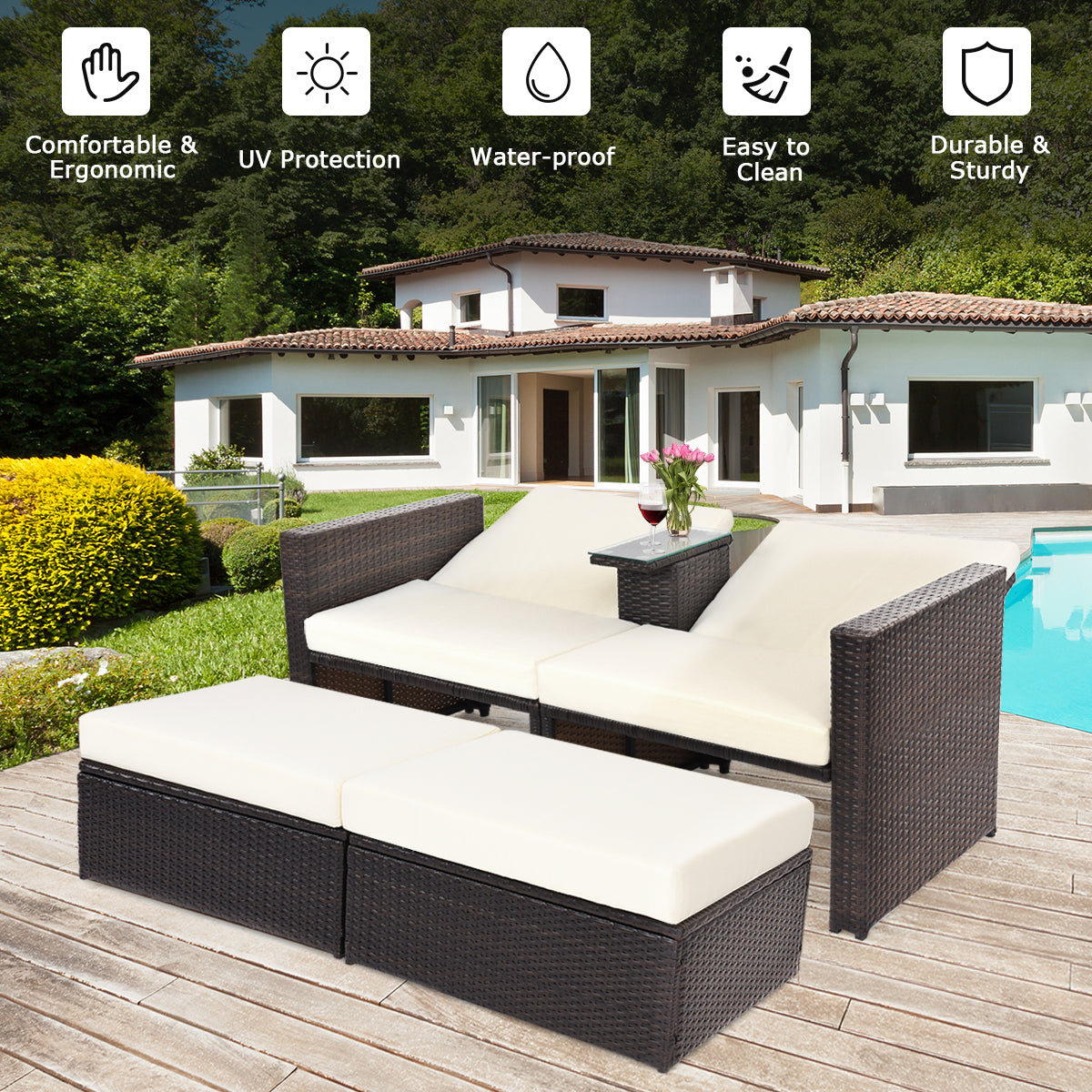 Patiojoy Outdoor All-Weather Chaise Lounge Recliner Rattan WickerPatio Loveseat
