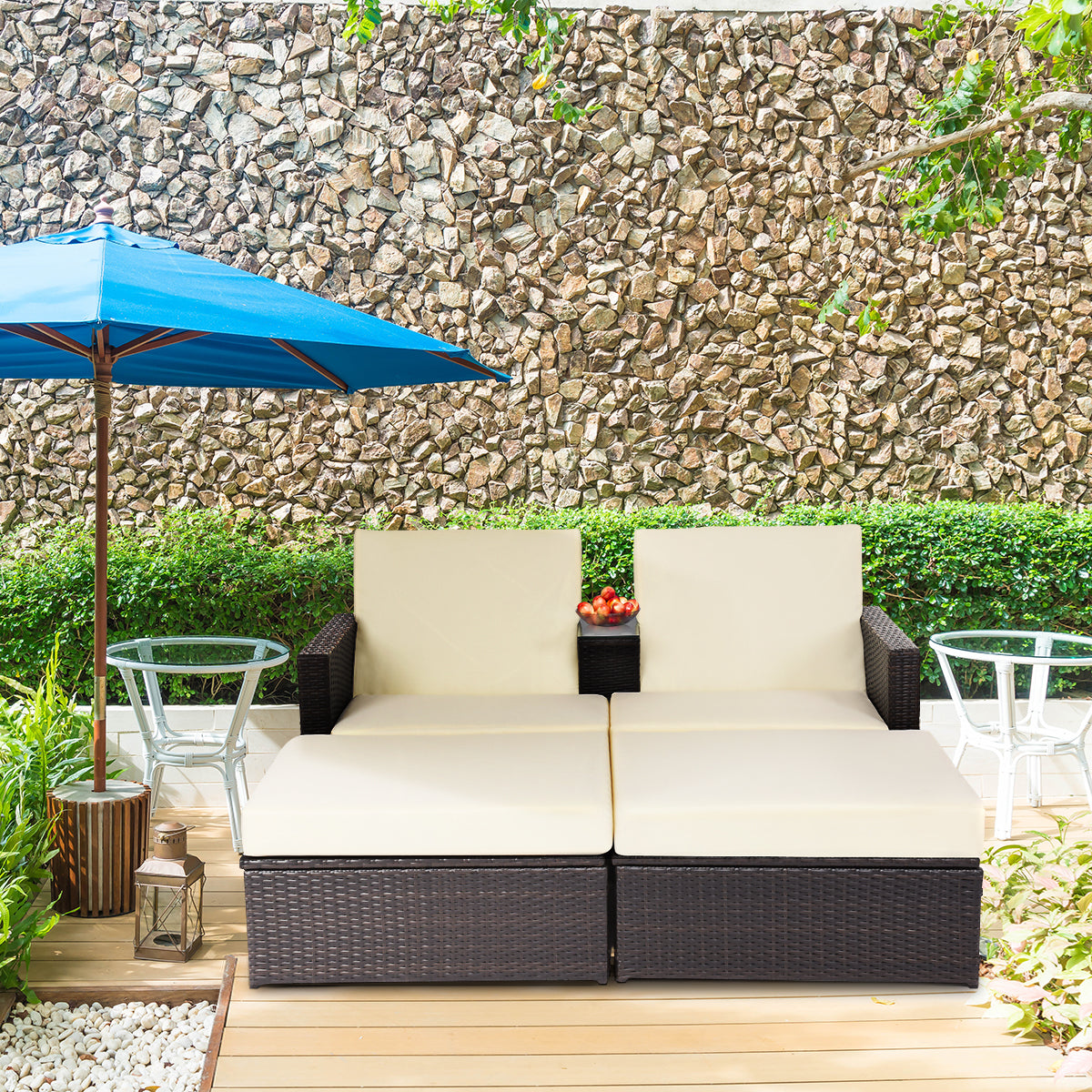 Patiojoy Outdoor All-Weather Chaise Lounge Recliner Rattan WickerPatio Loveseat