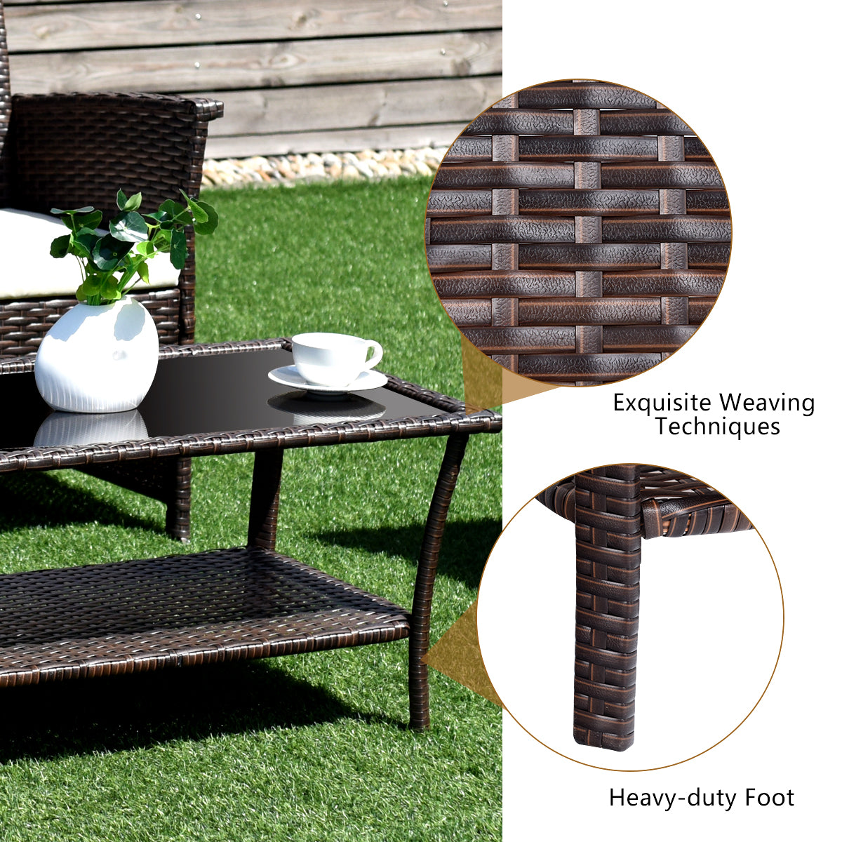 Patiojoy 4 Pieces Patio Set Outdoor Wicker Patio Bistro Table and Chair