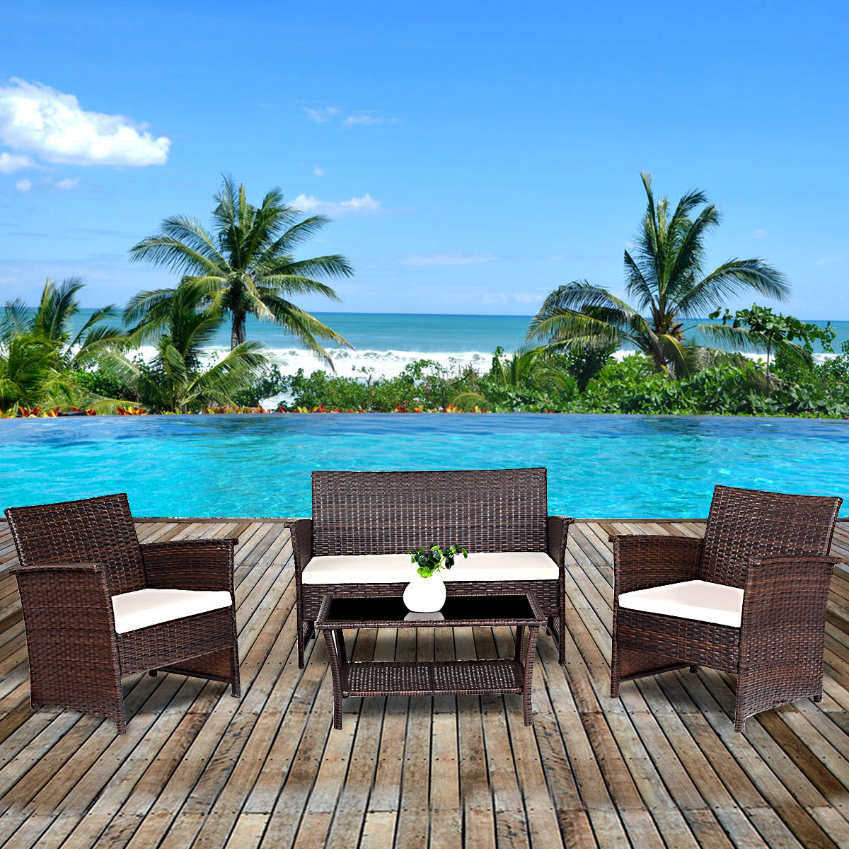 Patiojoy 4 Pieces Patio Set Outdoor Wicker Patio Bistro Table and Chair