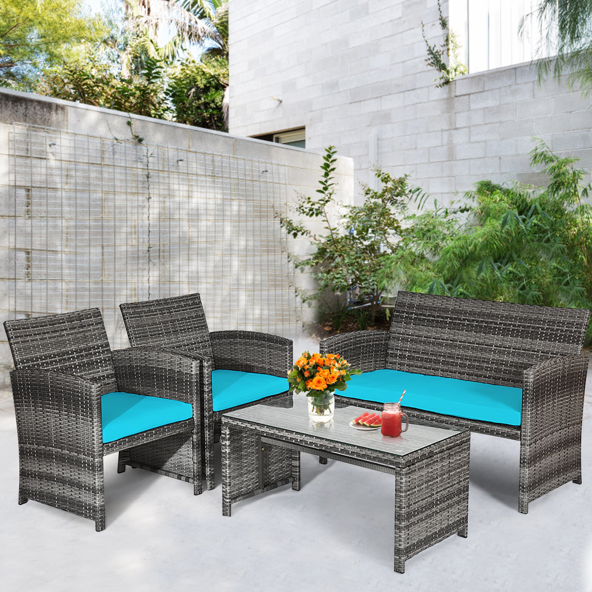 Patiojoy 4-Piece Outdoor Patio Furniture Set Rattan Wicker Conversation Sofa Set W/Cushions Turquoise