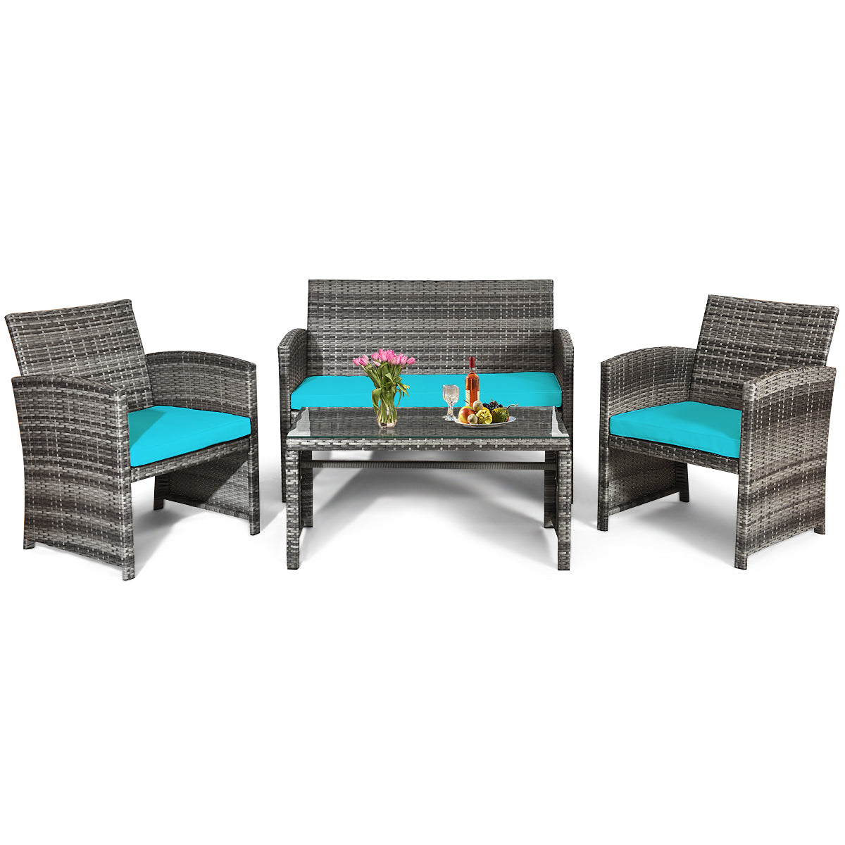 Patiojoy 4-Piece Outdoor Patio Furniture Set Rattan Wicker Conversation Sofa Set W/Cushions Turquoise