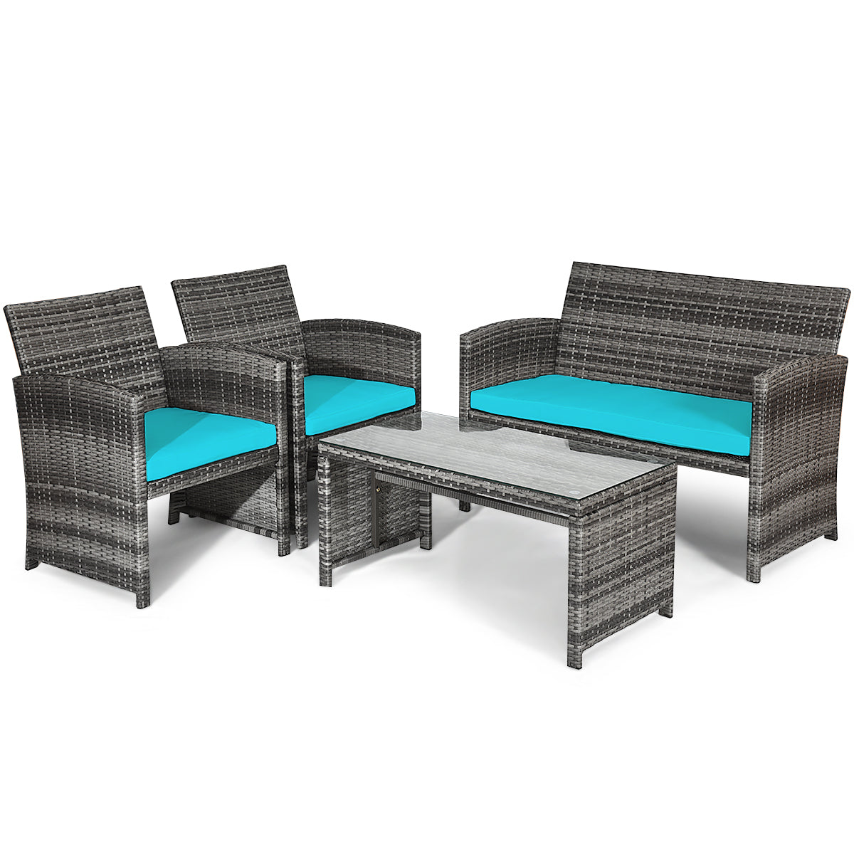 Patiojoy 4-Piece Outdoor Patio Furniture Set Rattan Wicker Conversation Sofa Set W/Cushions Turquoise
