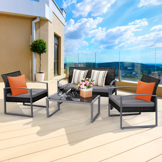 Patiojoy Outdoor Wicker 4 Pieces Conversation Set PE Rattan Chairs and Table