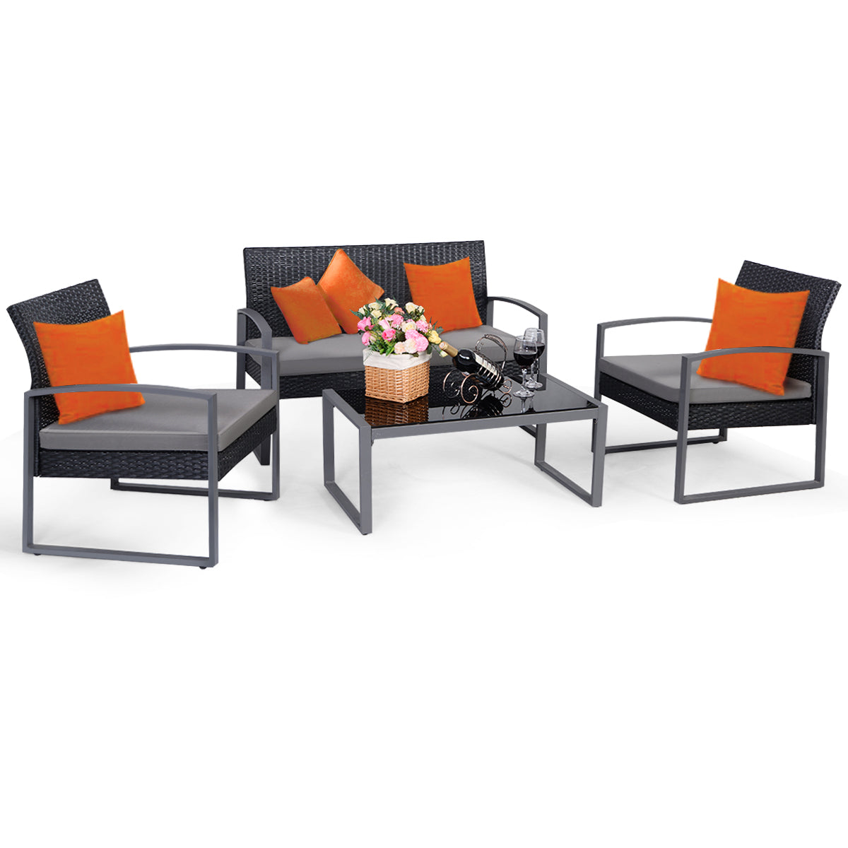 Patiojoy Outdoor Wicker 4 Pieces Conversation Set PE Rattan Chairs and Table