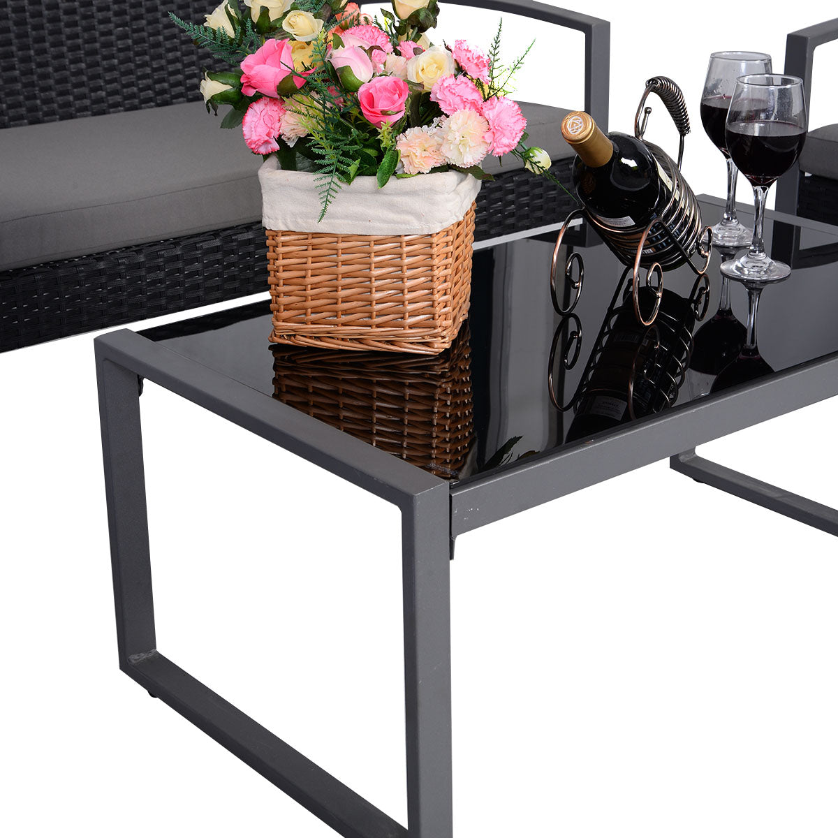 Patiojoy Outdoor Wicker 4 Pieces Conversation Set PE Rattan Chairs and Table