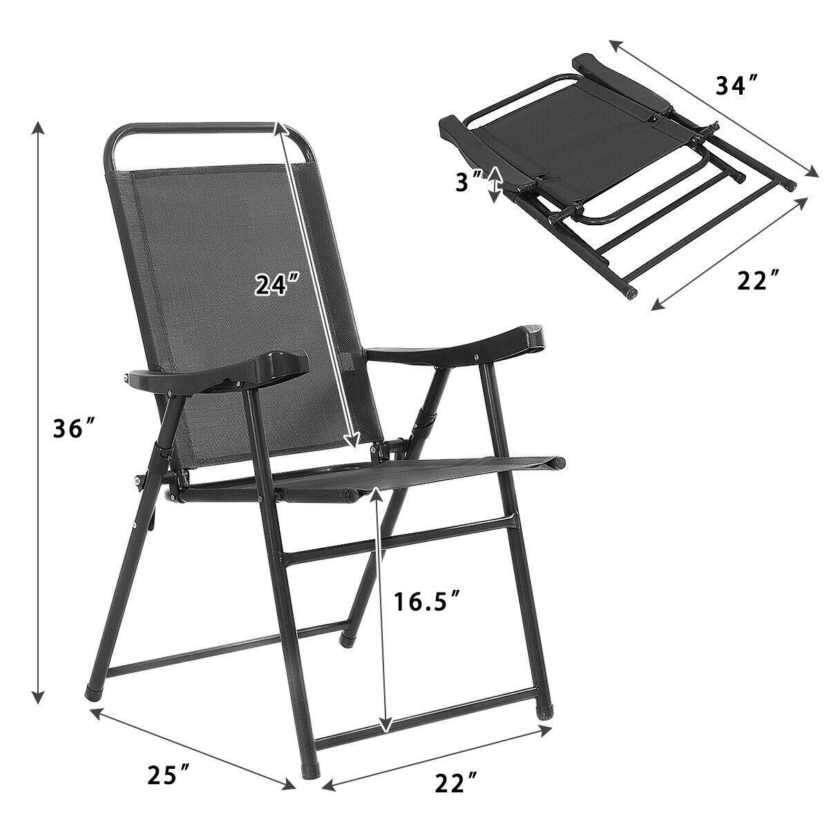 Patiojoy Folding Sling Chair Patio Furniture Set of 4 Armchairs Dark Grey