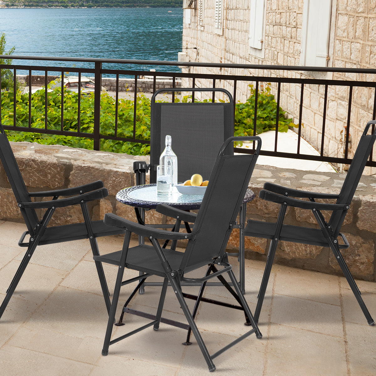 Patiojoy Folding Sling Chair Patio Furniture Set of 4 Armchairs Dark Grey