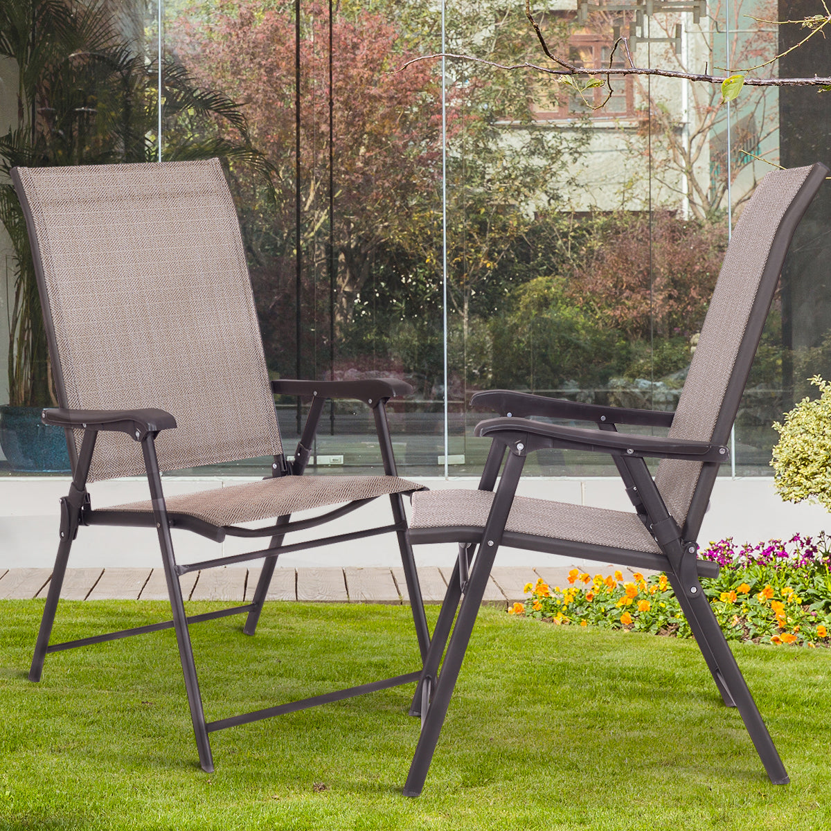 Patiojoy Folding Sling Chair Patio Furniture Set of 2 Armchairs Brown