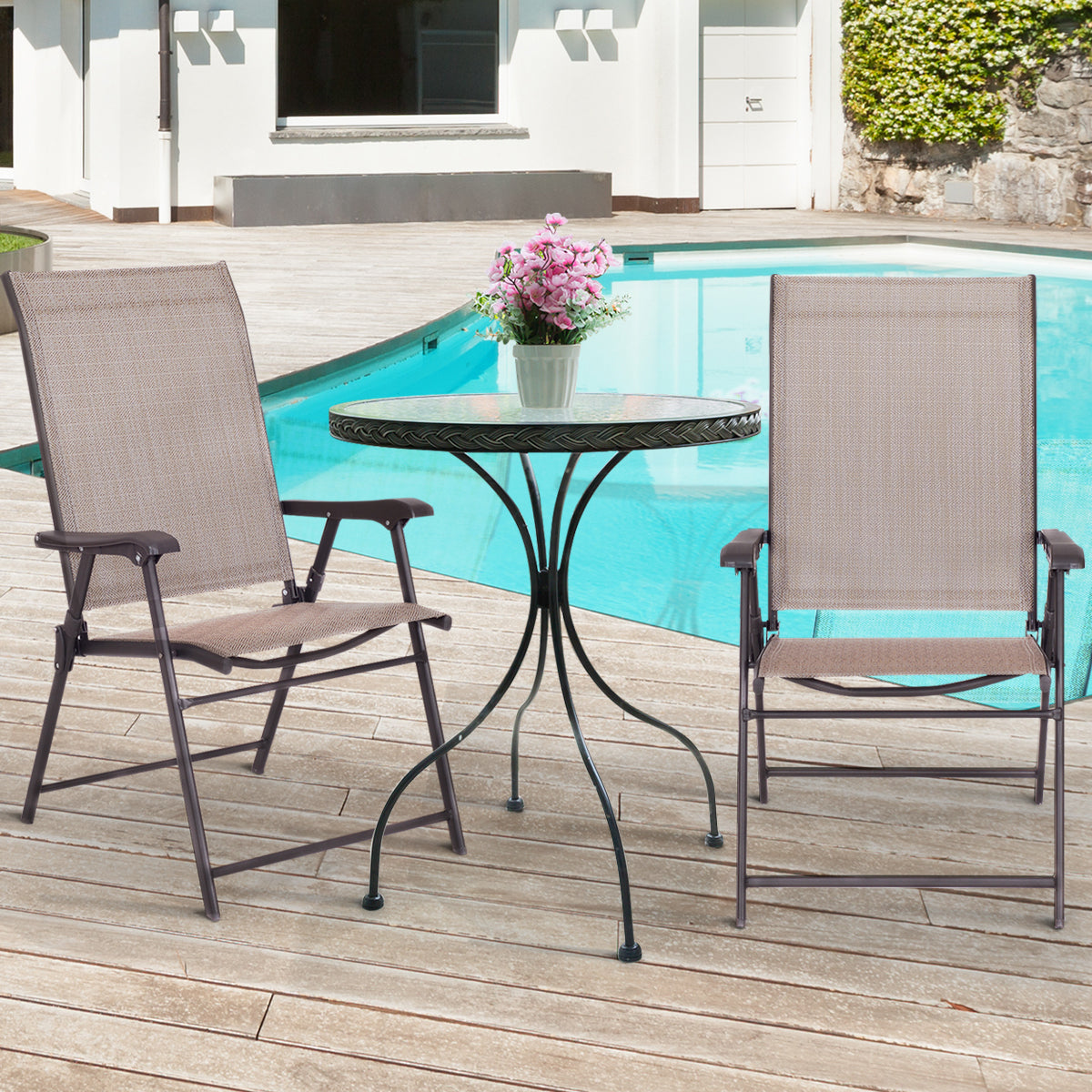 Patiojoy Folding Sling Chair Patio Furniture Set of 2 Armchairs Brown