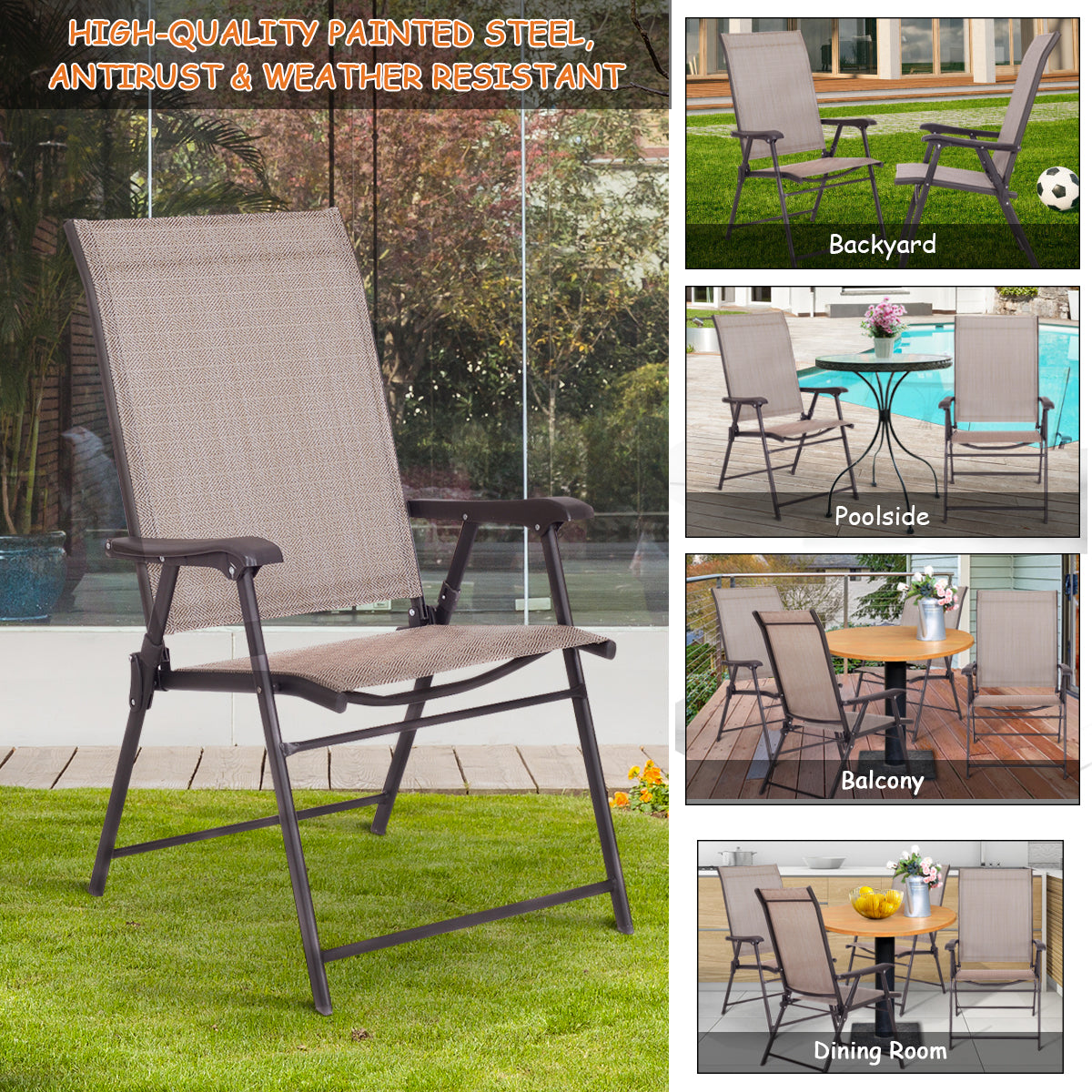 Patiojoy Folding Sling Chair Patio Furniture Set of 2 Armchairs Brown