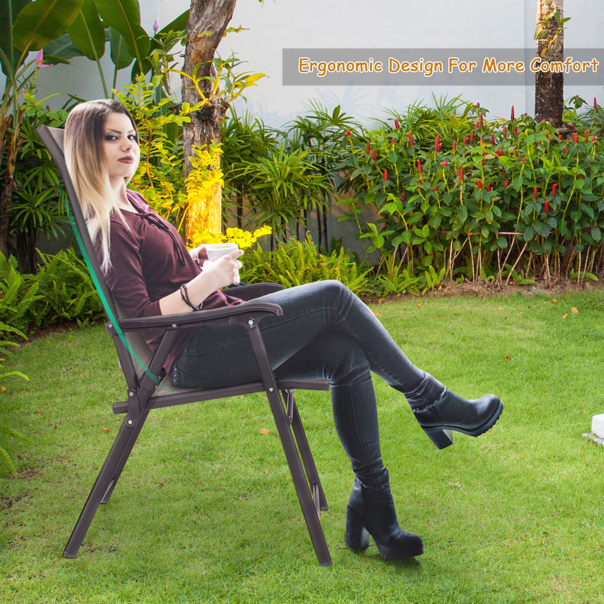 Patiojoy Folding Sling Chair Patio Furniture Set of 2 Armchairs Brown
