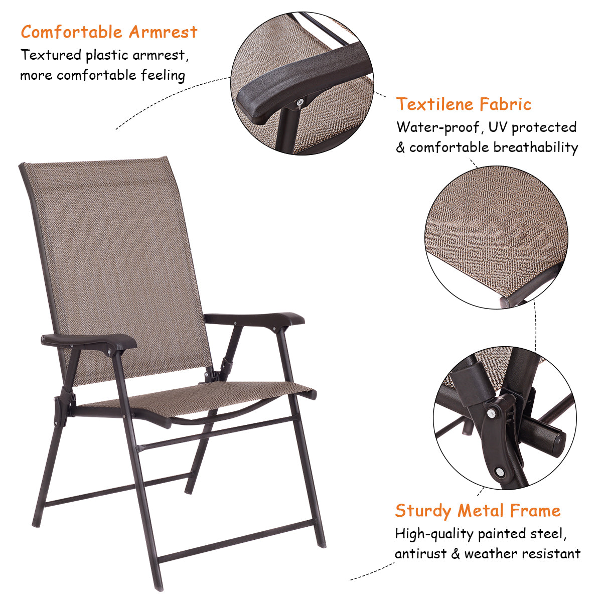 Patiojoy Folding Sling Chair Patio Furniture Set of 2 Armchairs Brown