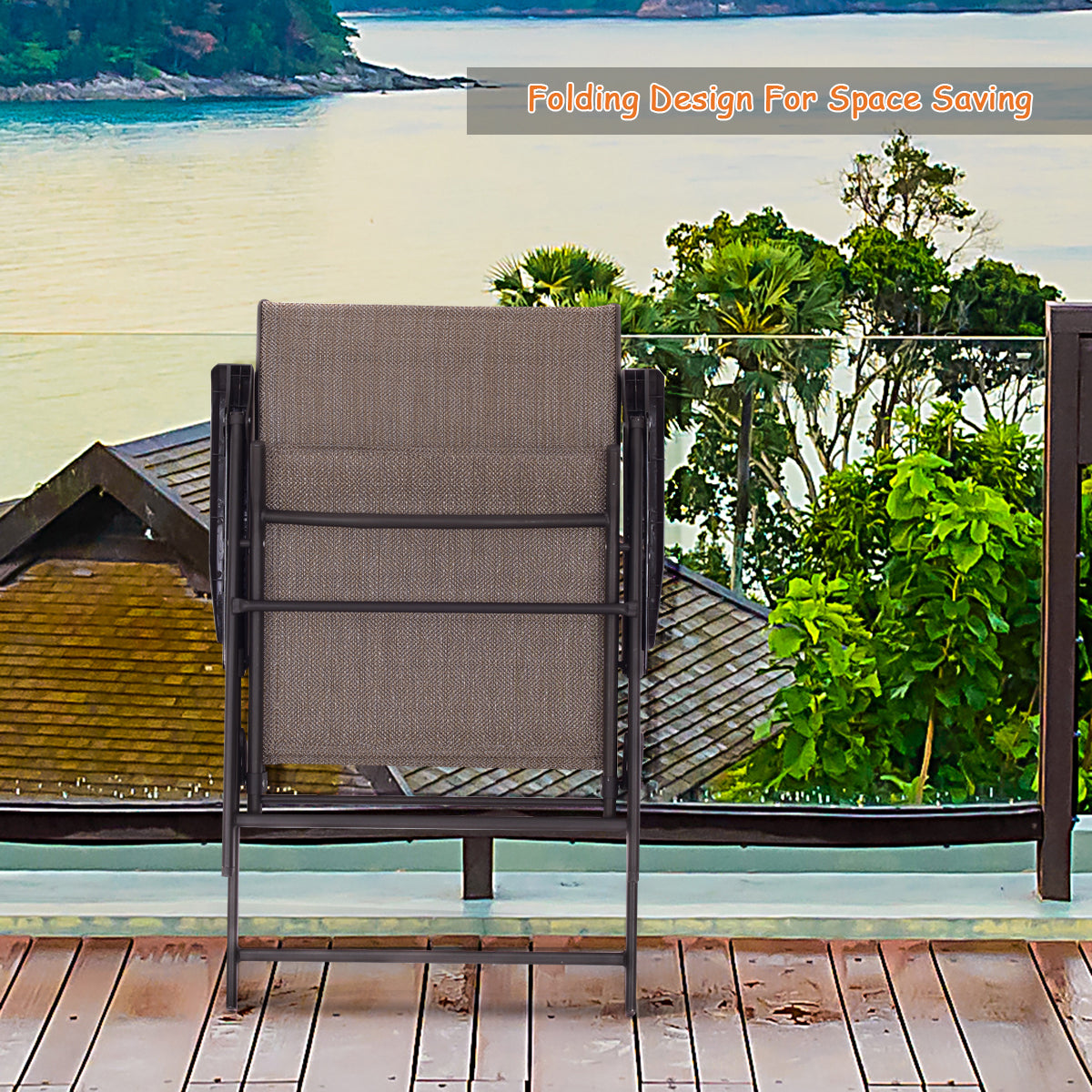 Patiojoy Folding Sling Chair Patio Furniture Set of 2 Armchairs Brown