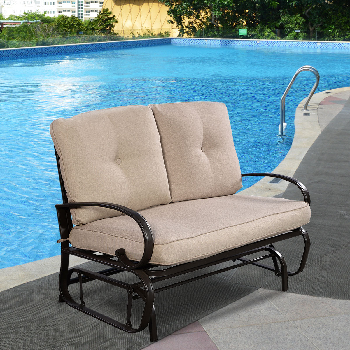 Patiojoy Steel Frame Rocking Loveseat Outdoor Patio Cushioned Chaise Bench