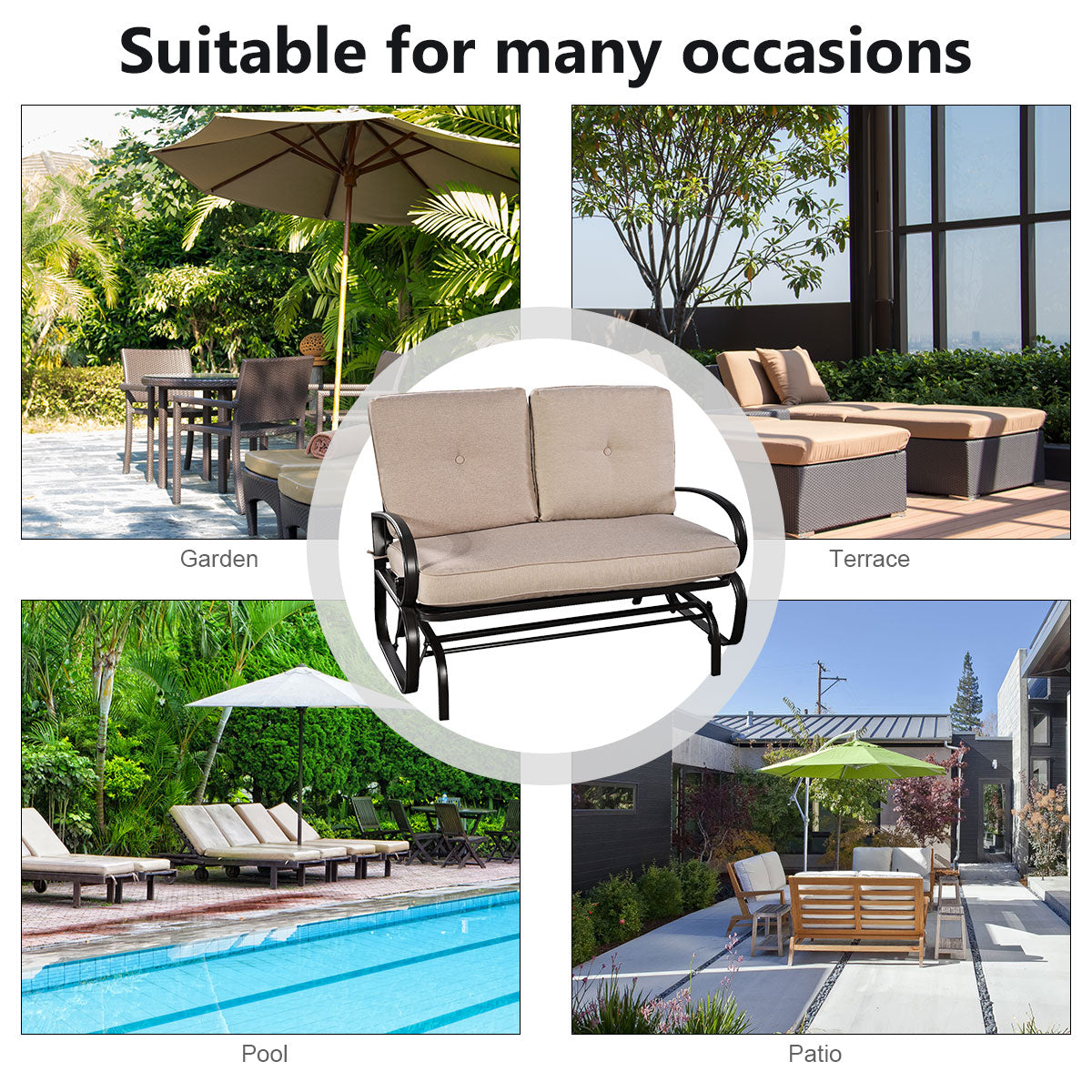 Patiojoy Steel Frame Rocking Loveseat Outdoor Patio Cushioned Chaise Bench